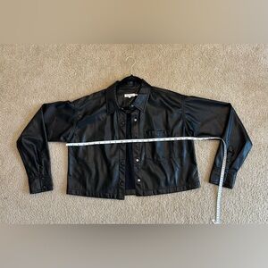 Good American Black Faux Leather Cropped Button Jacket